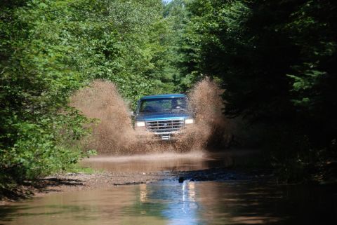 1996 Ford Bronco - Pickup truck driving through a mud puddle on a wooded path.
