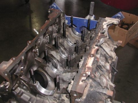 2007 Ford Mustang - Engine block with crankshaft bearings installed, ready for assembly.