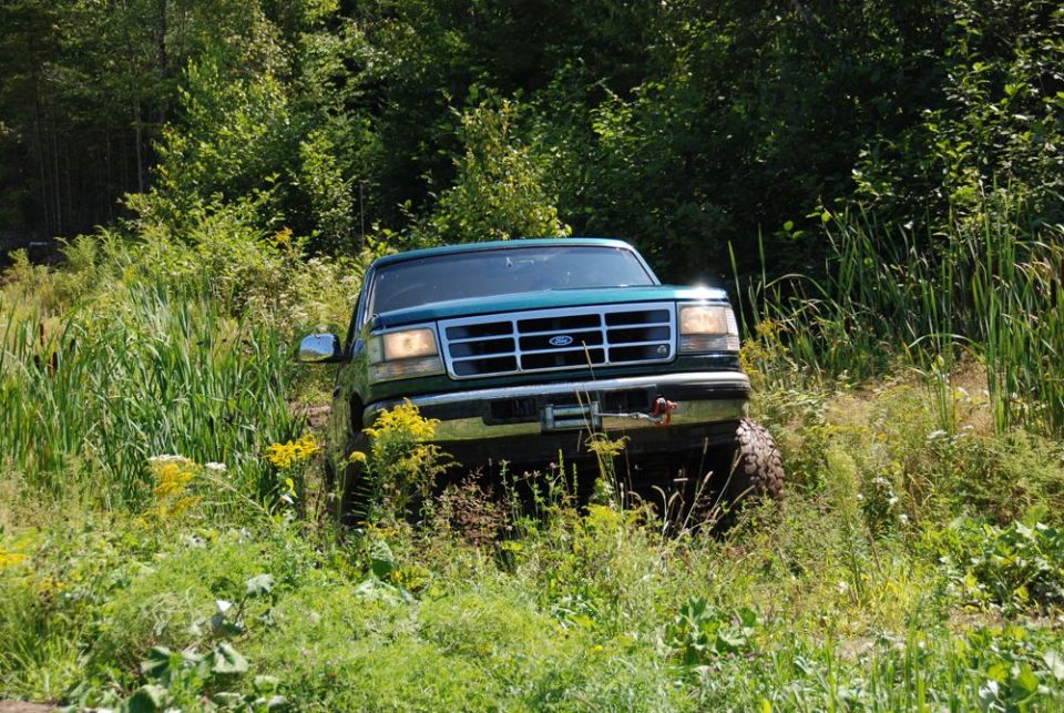 Green Ford Bronco with a winch on the front bumper, driving through tall grass and brush