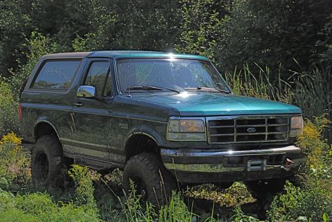 1996 Ford Bronco - This 1996 Ford Bronco is captured in a three-quarter front view, its lifted suspension and off-road tires amidst natural foliage.