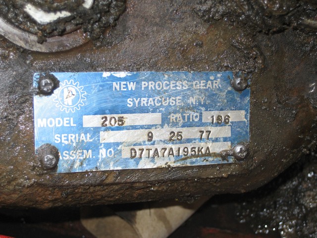 New Process Gear model 205 transfer case ID tag, assem. no. D7TA7A195KA