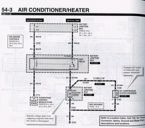 2007 Ford Mustang - Wiring diagram for a 2001 F-150 A/C and heater system showing the WOT relay, A/C clutch solenoid, PCM and color-coded circuits.