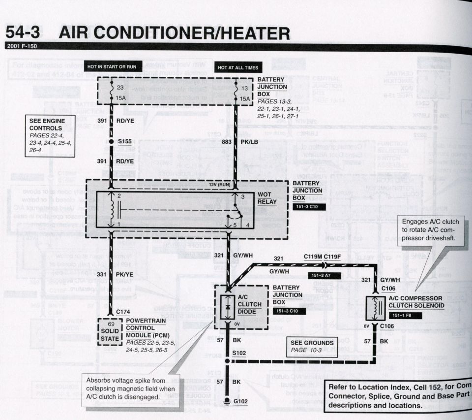 Wiring diagram page 54-3 for 2001 F-150 air conditioner and heater circuit
