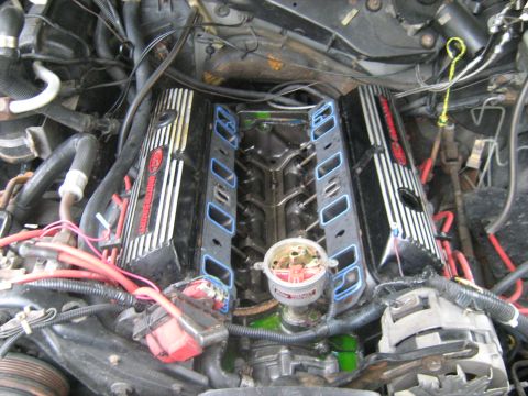1988 Mercury Grand Marquis - An overhead view of a V8 engine bay, featuring black aluminum valve covers with silver stripes and red "Motorsport" lettering. A distributo…