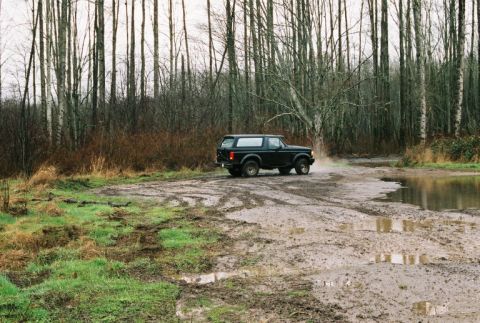 1995 Ford Bronco - Black 1995 Ford Bronco navigates a wet, muddy path through a dense forest.
