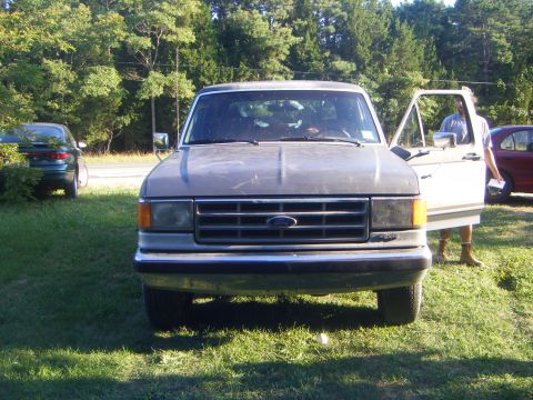 1979 Ford F-250 - A 1987 Ford F-150 pickup truck is parked on grass with its driver's door open.
