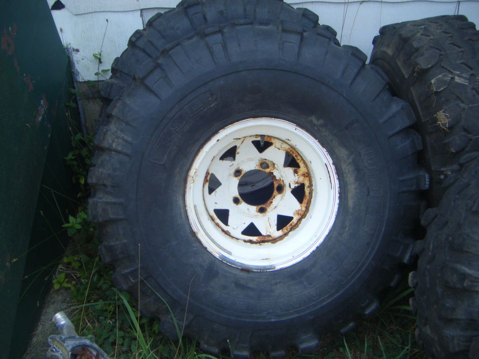 Tire and white wheel with rust, close-up