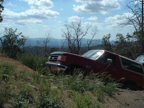 1991 Ford Bronco - A red 1991 Ford Bronco navigates a steep, grassy hill under a cloudy sky.