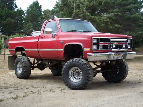 1977 Ford F-150 - This lifted pickup truck features a chrome grille and large off-road tires, suggesting it's built for terrain.