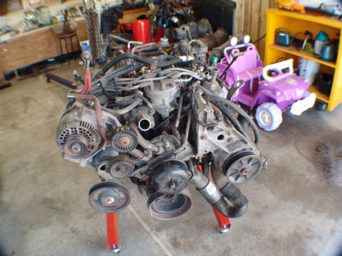 1996 Ford Bronco - Engine assembly on a stand, likely for rebuild or repair, with various components and wiring.