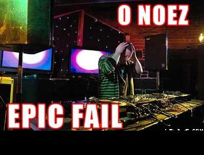 1988 Mercury Grand Marquis - A DJ appears overwhelmed at their equipment, with large text overlays reading "EPIC FAIL" and "O NOEZ".