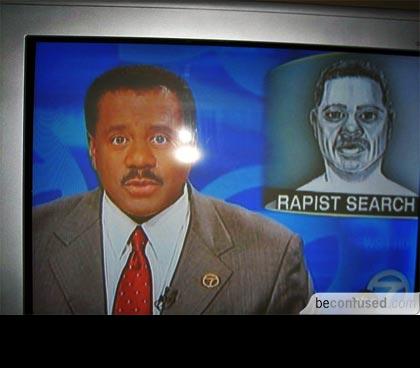 1988 Mercury Grand Marquis - A news broadcast shows a sketch of a man wanted by police, with the text "RAPIST SEARCH" visible.