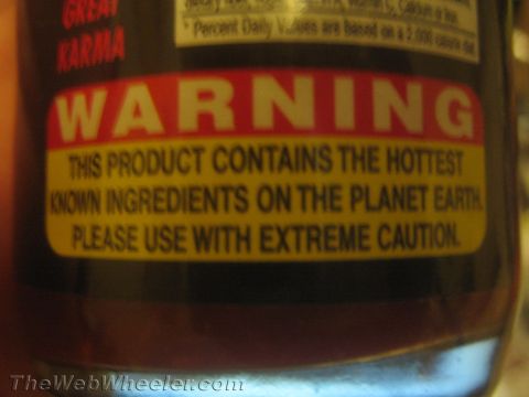 1968 Ford Mustang - Close-up photo of a hot-sauce bottle warning label, not a technical document.