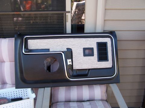 1986 Ford Bronco - A vehicle door panel is shown outdoors, resting on striped cushions.