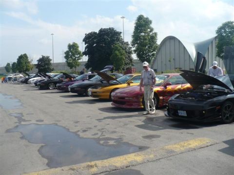 1993 Ford Probe - A gathering of 1993 Ford Probes with their hoods open, displayed at an outdoor event.