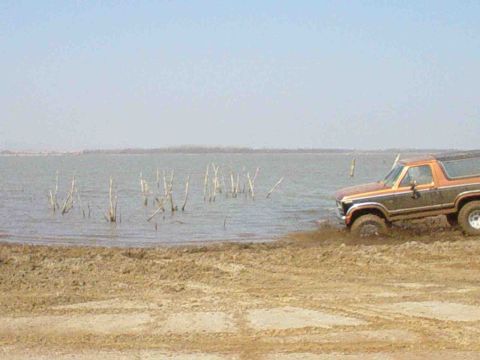 1984 Ford Bronco - Ford Bronco navigates muddy terrain and enters shallow water.