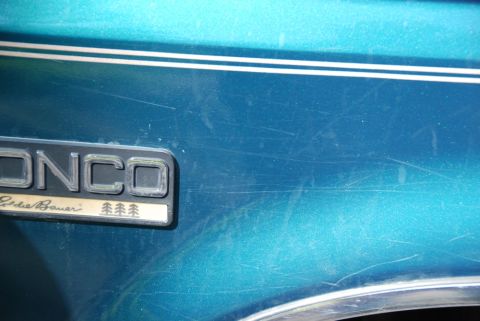 1996 Ford Bronco - Photograph of the Bronco Eddie Bauer emblem on a teal body panel, not a technical document.