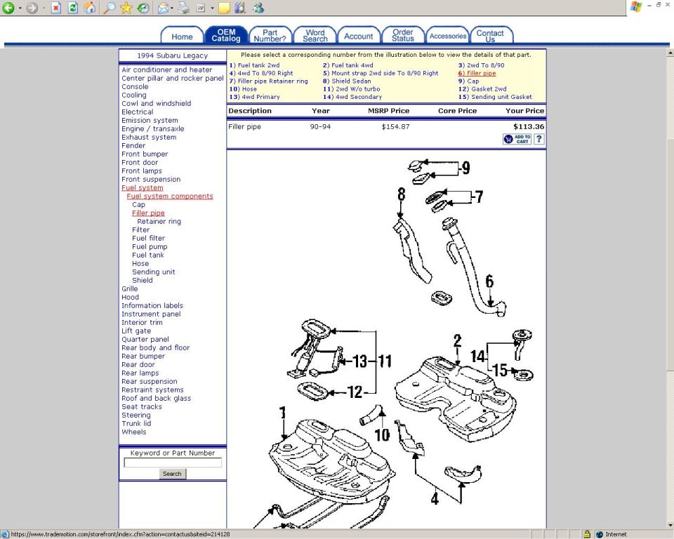 Screenshot of 1994 Subaru Legacy fuel system parts diagram with part numbers and prices.