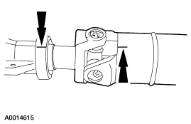 2007 Ford Mustang - Service-manual line illustration (A0014615) of a universal joint showing alignment arrows for assembly or inspection.