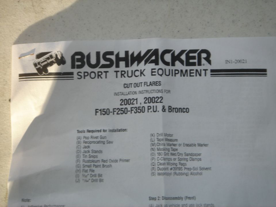 Bushwacker Cut Out Flares 20021, 20022 install instructions for F150-F250-F350 P.U. & Bronco