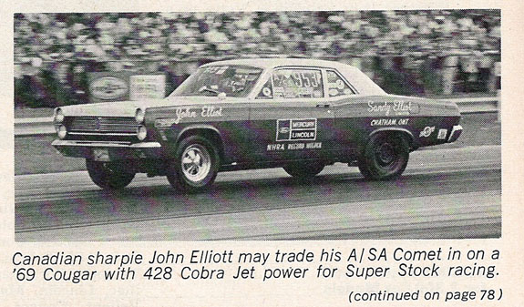 Vintage magazine photo of John Elliott's lettered Comet drag car launching at a strip, front wheels off the ground.
