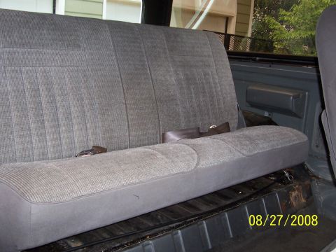 1988 Ford Bronco - Interior view of a gray fabric rear seat with seatbelts visible, dated 08/27/2008.