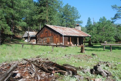 1997 Ford F-250 - A rural scene a log cabin and an adjacent outbuilding in a wooded landscape.