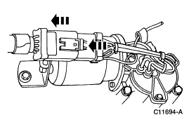 2007 Ford Mustang - Service procedure figure showing connector and component removal with directional arrows on an engine assembly.