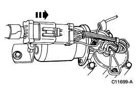 2007 Ford Mustang - Service procedure figure showing connector removal with a directional arrow on an engine-mounted component.