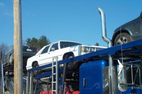 1991 Ford Crown Victoria LTD - A white 1991 Ford Crown Victoria LTD is seen on a car carrier, alongside other vehicles.