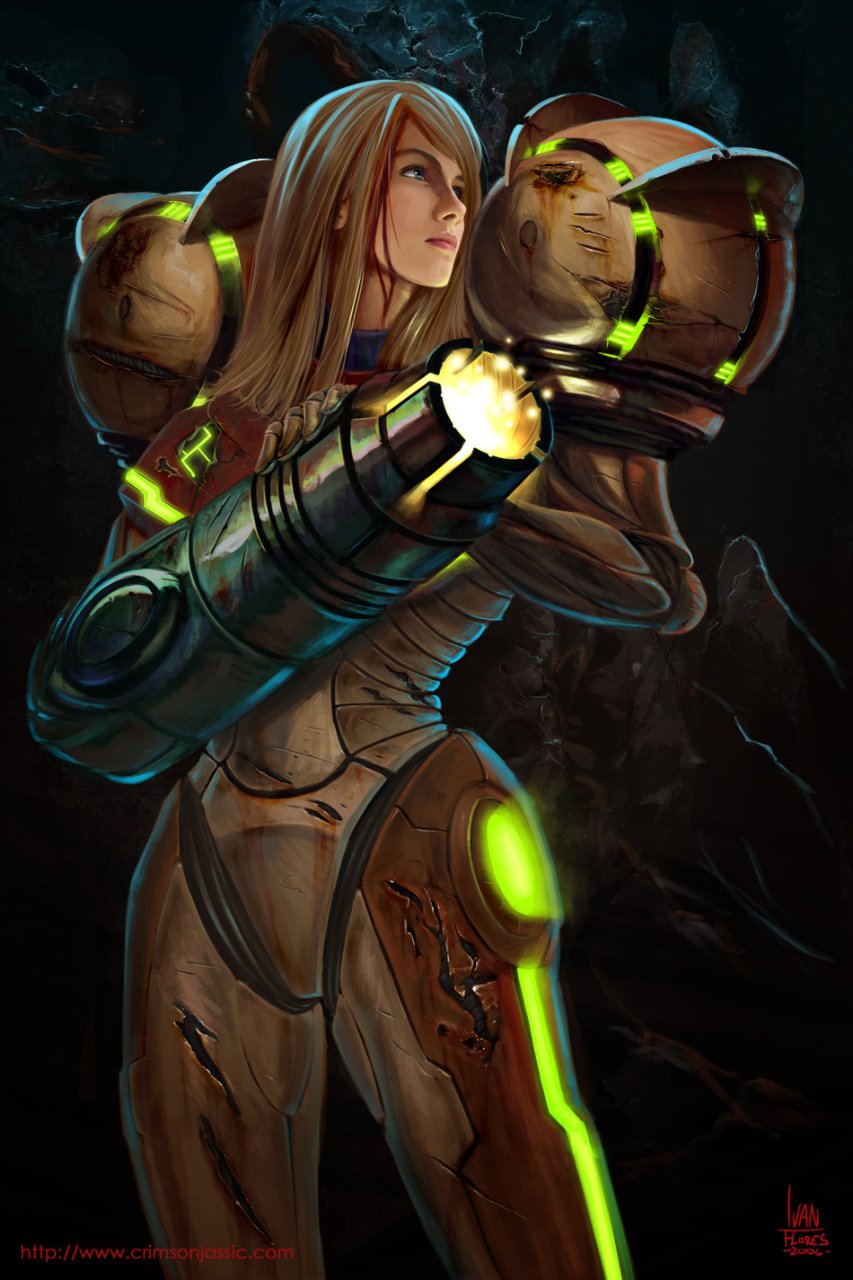 Samus Aran in her Power Suit, holding an arm cannon
