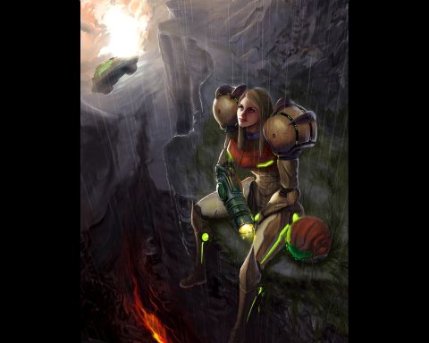 1988 Mercury Grand Marquis - Samus Aran is depicted in her power suit, taking cover on a cliffside during a rainstorm with a lava flow visible.