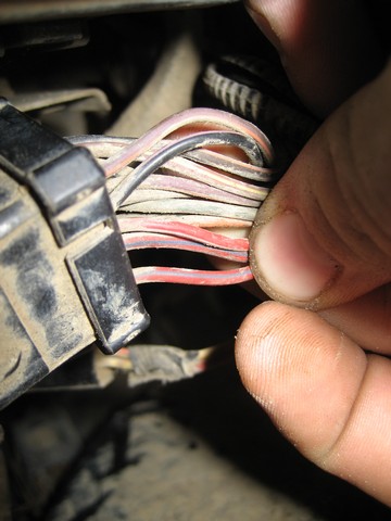 1995 Ford Bronco - Hand manipulates a wiring harness with multiple colored wires and a black connector.