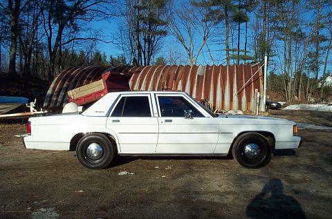 1991 Ford Crown Victoria LTD - A white sedan is parked outdoors in front of a large, rusty, curved metal structure under a clear blue sky.