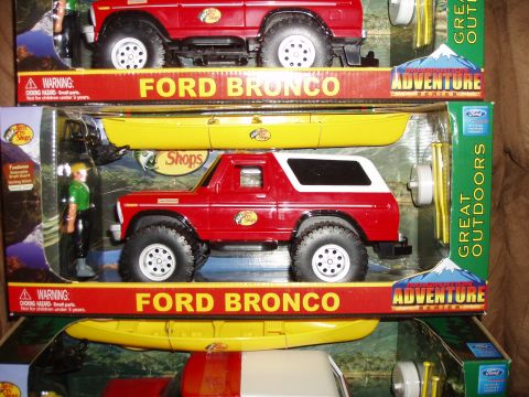 1979 Ford Bronco - Toy Ford Bronco models are packaged with accessories like kayaks and figures.