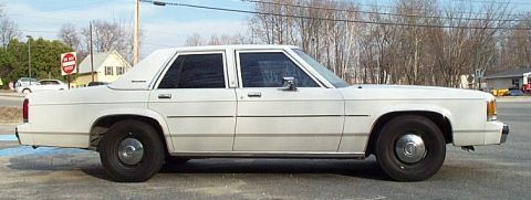 1991 Ford LTD Crown Victoria - A white sedan is parked on the side of the road with trees and buildings in the background.