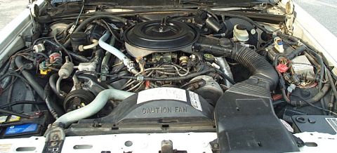 1991 Ford LTD Crown Victoria - Engine bay of a white Ford sedan viewed from the front, showing the round black air cleaner housing over a V8, the black fan shroud stamped…