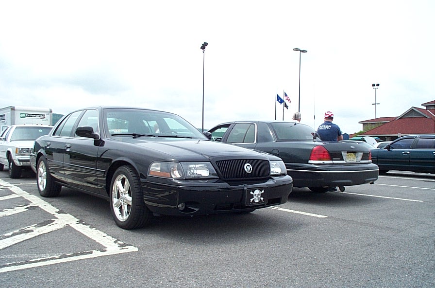 Black sedan with a skull and crossbones license plate, parked in a lot