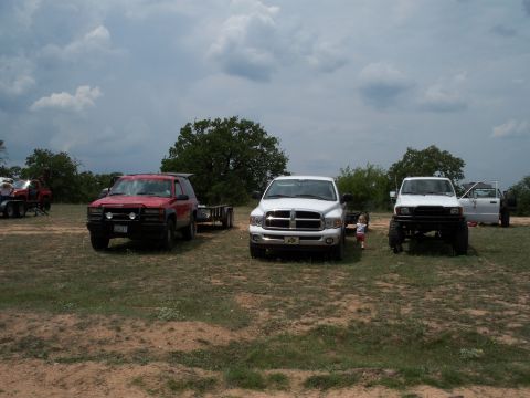 1996 Ford Bronco - Several trucks and an SUV are parked in an open, grassy area with trees in the background under a cloudy sky.