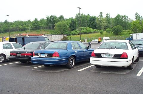 1991 Ford LTD Crown Victoria - A blue 1991 Ford Crown Victoria LTD sedan is parked in a lot, showing its rear end and license plate.