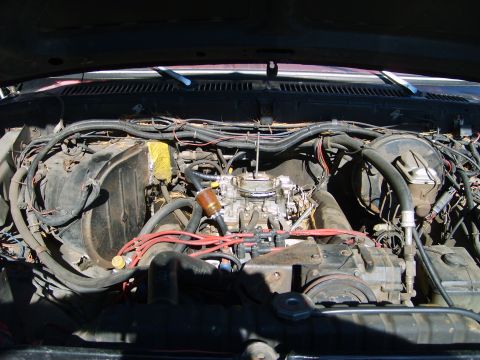1978 Ford Bronco - The engine bay of a 1978 Ford Bronco, showing the carburetor and various engine components.