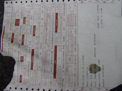 1991 Ford LTD Crown Victoria - Ford factory build/order sheet showing a grid of color-coded option and equipment codes for a Police 5.8 litre vehicle.