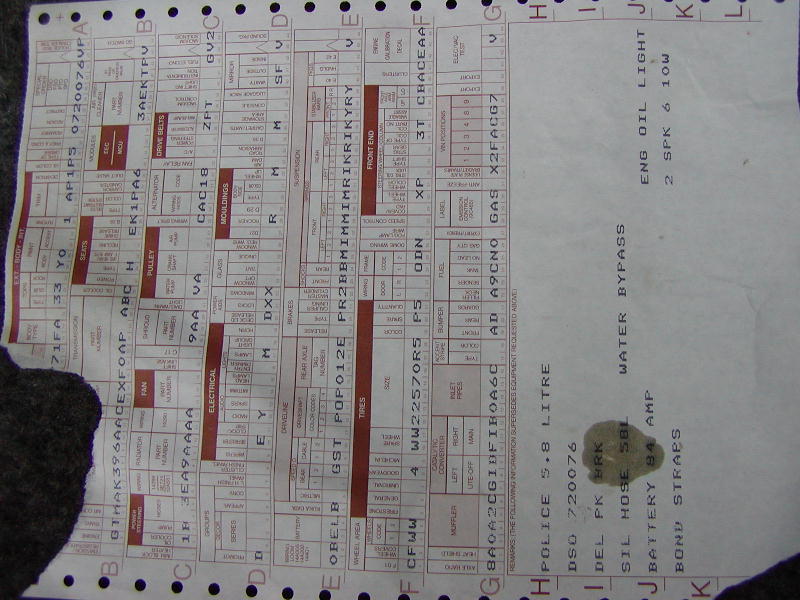 Ford factory build sheet with grid of option and trim codes