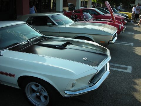 1998 Ford Crown Victoria - A line of classic cars, including a white 1969 Ford Mustang Mach 1, parked at a coffee meet.