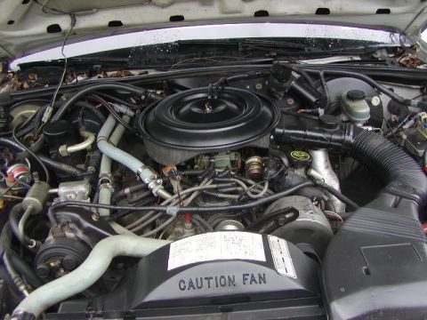 1991 Ford LTD Crown Victoria - Detailed overhead view into the engine bay of a white Ford, centered on a large round black air cleaner atop a throttle body with fuel-inje…