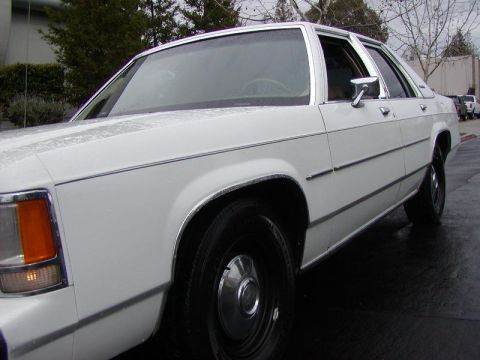 1991 Ford LTD Crown Victoria - Close low front-corner view down the left side of a white Ford Crown Victoria sedan on wet pavement, water beading on the hood and door. Th…