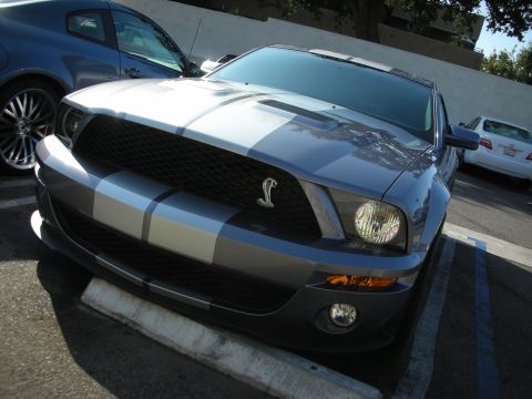 1998 Ford Crown Victoria - Front view of a gray Ford Mustang Shelby GT500 with racing stripes.