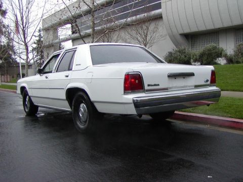 1991 Ford LTD Crown Victoria - White Ford LTD Crown Victoria sedan viewed from the 3/4 rear left on a wet street beside a concrete office building. The chrome rear bumper…