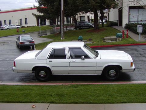 1991 Ford LTD Crown Victoria - A white 1991 Ford Crown Victoria LTD sedan is parked on a wet street, with another car visible in the background.