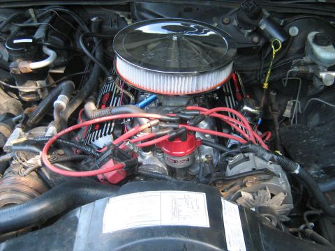 1988 Mercury Grand Marquis - Close-up view of an engine bay a chrome air cleaner, red spark plug wires, and aftermarket valve covers.